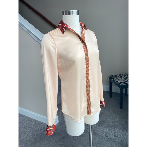 NY & Co sheen cream button down blouse with retro print collar, size XS - Picture 8 of 14